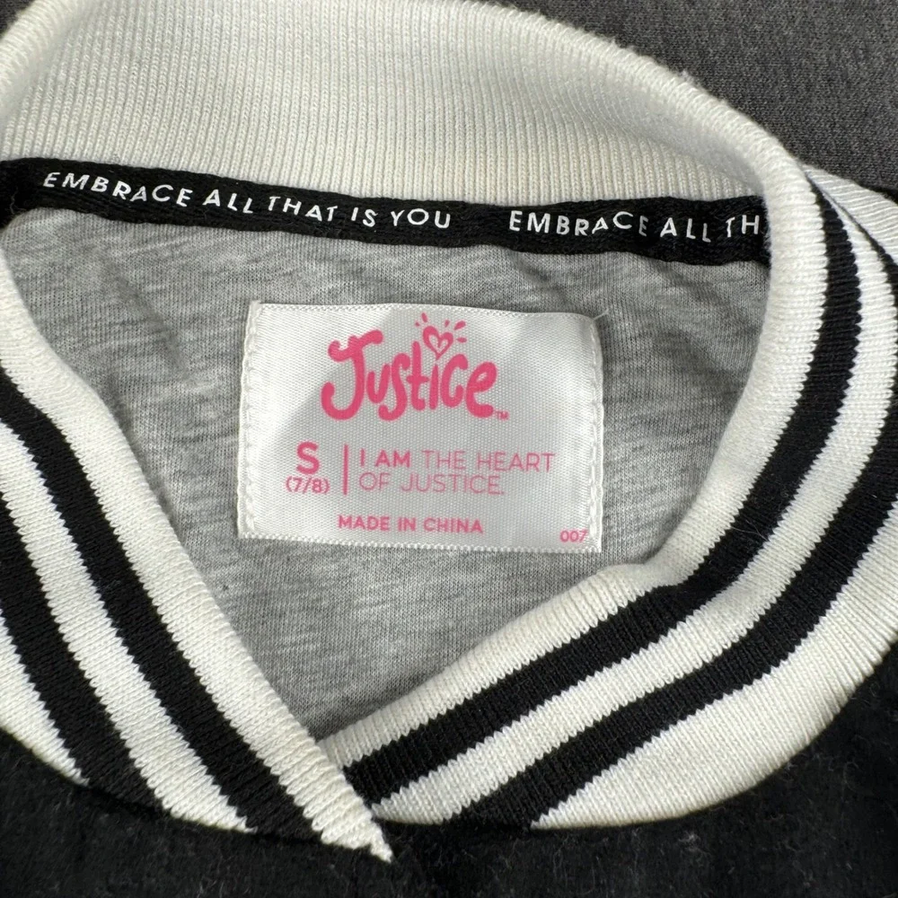 Justice Sport Girls Varsity Jacket Black White Pink Smiley Face Size S 7/8